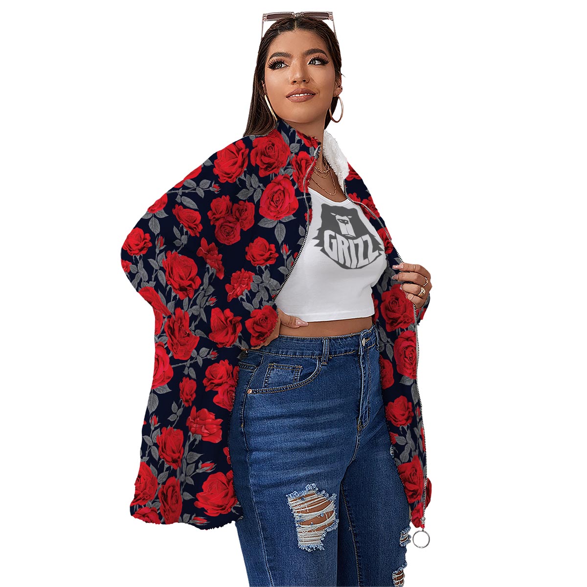 Rose Red Print Pattern Women's Sherpa Jacket-grizzshop