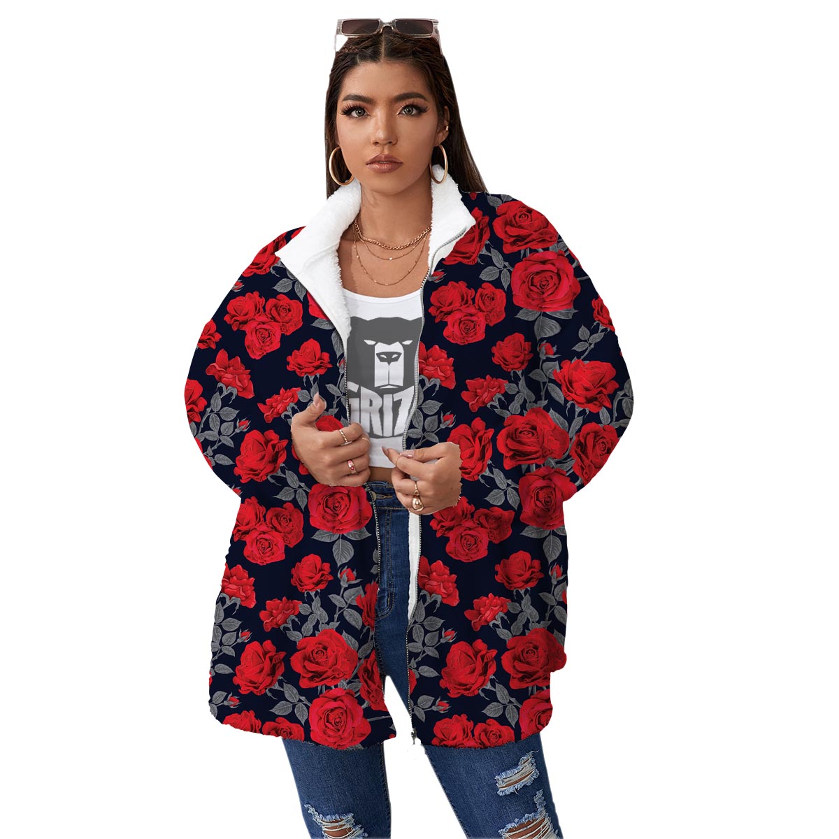 Rose Red Print Pattern Women's Sherpa Jacket-grizzshop