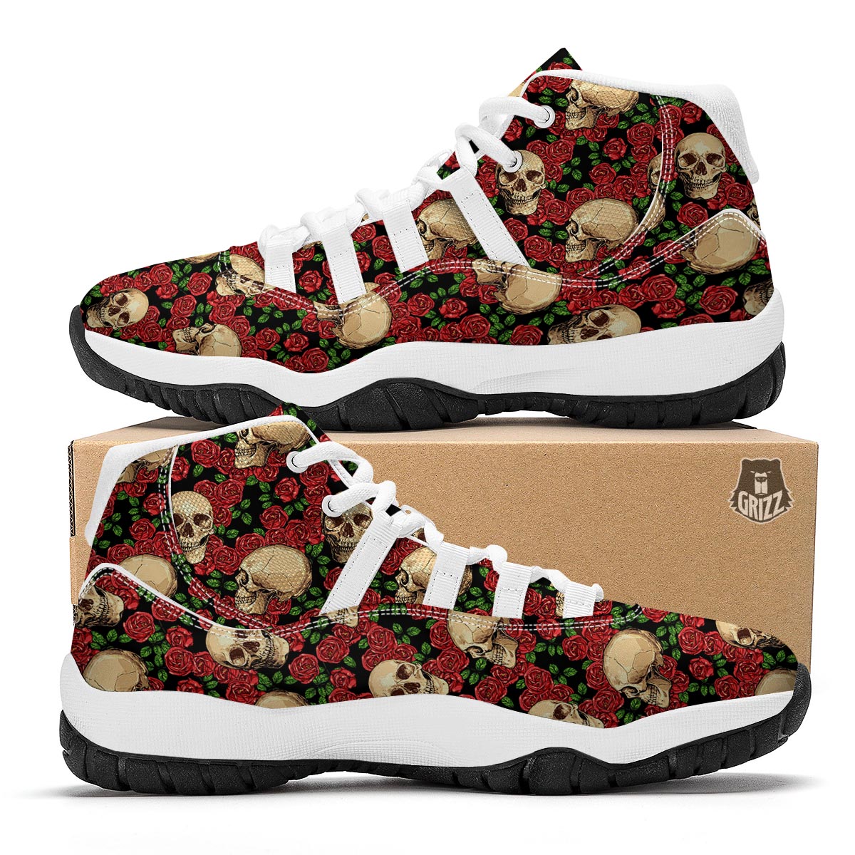 Rose Skull Print White Bball Shoes-grizzshop