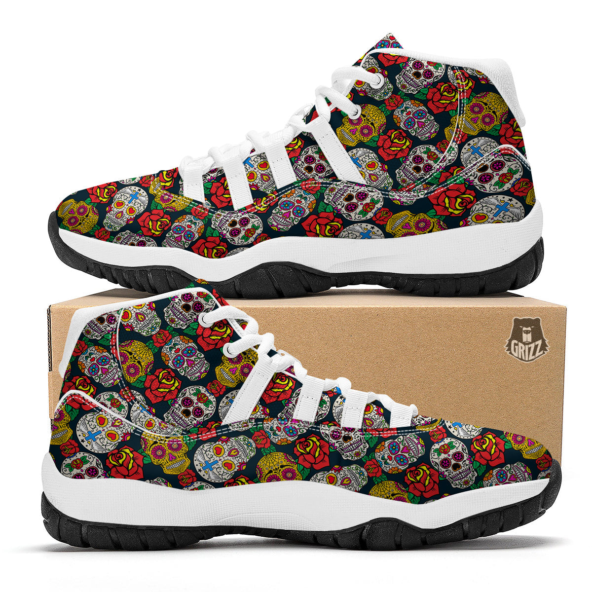 Rose Sugar Skull Skeleton Girly Floral Pattern Print White Bball Shoes-grizzshop