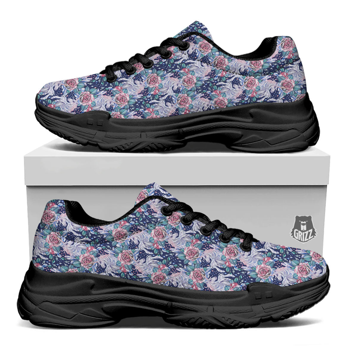 Rose Unicorn Blue Fairy Print Pattern Black Chunky Shoes-grizzshop