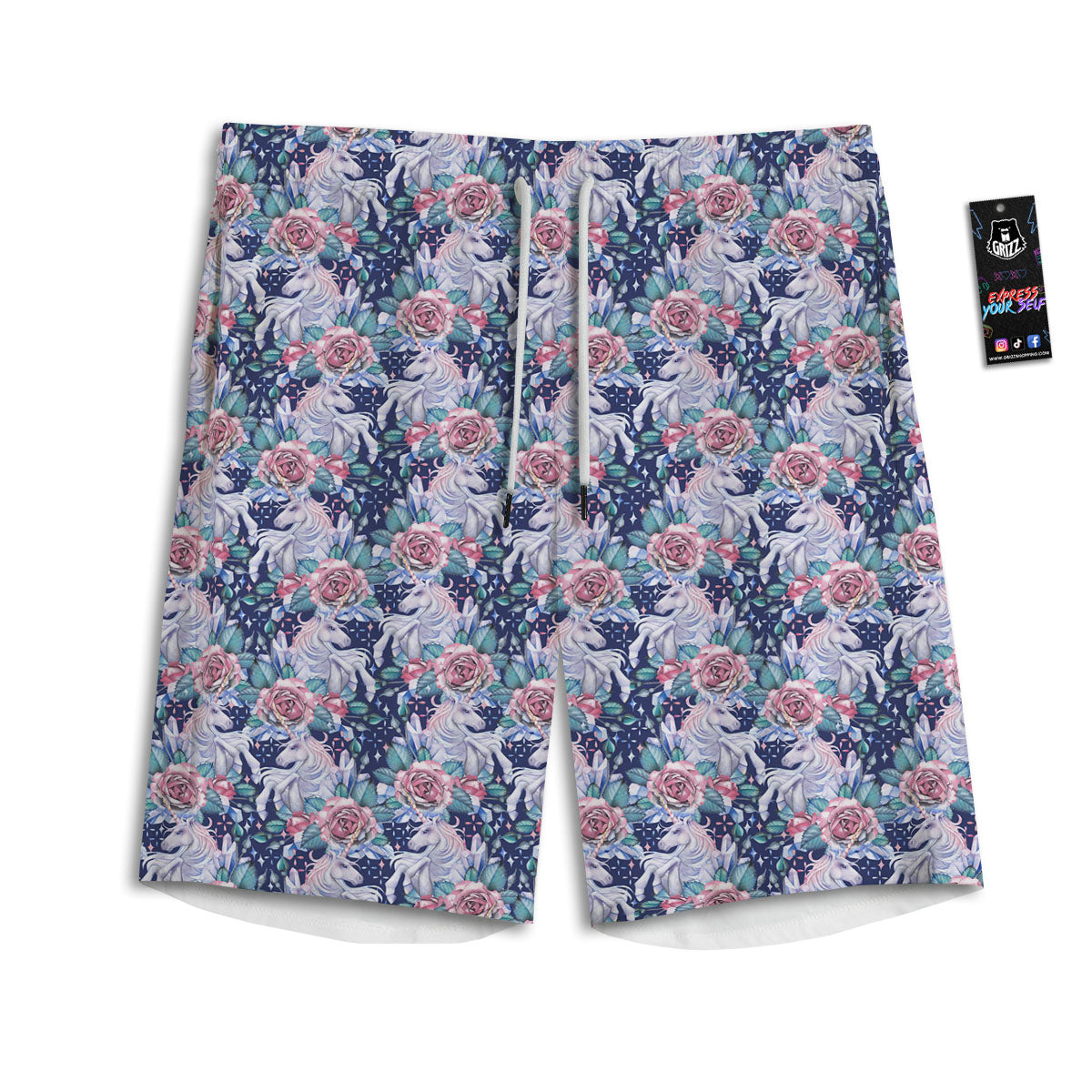 Rose Unicorn Blue Fairy Print Pattern Men's Athletic Shorts