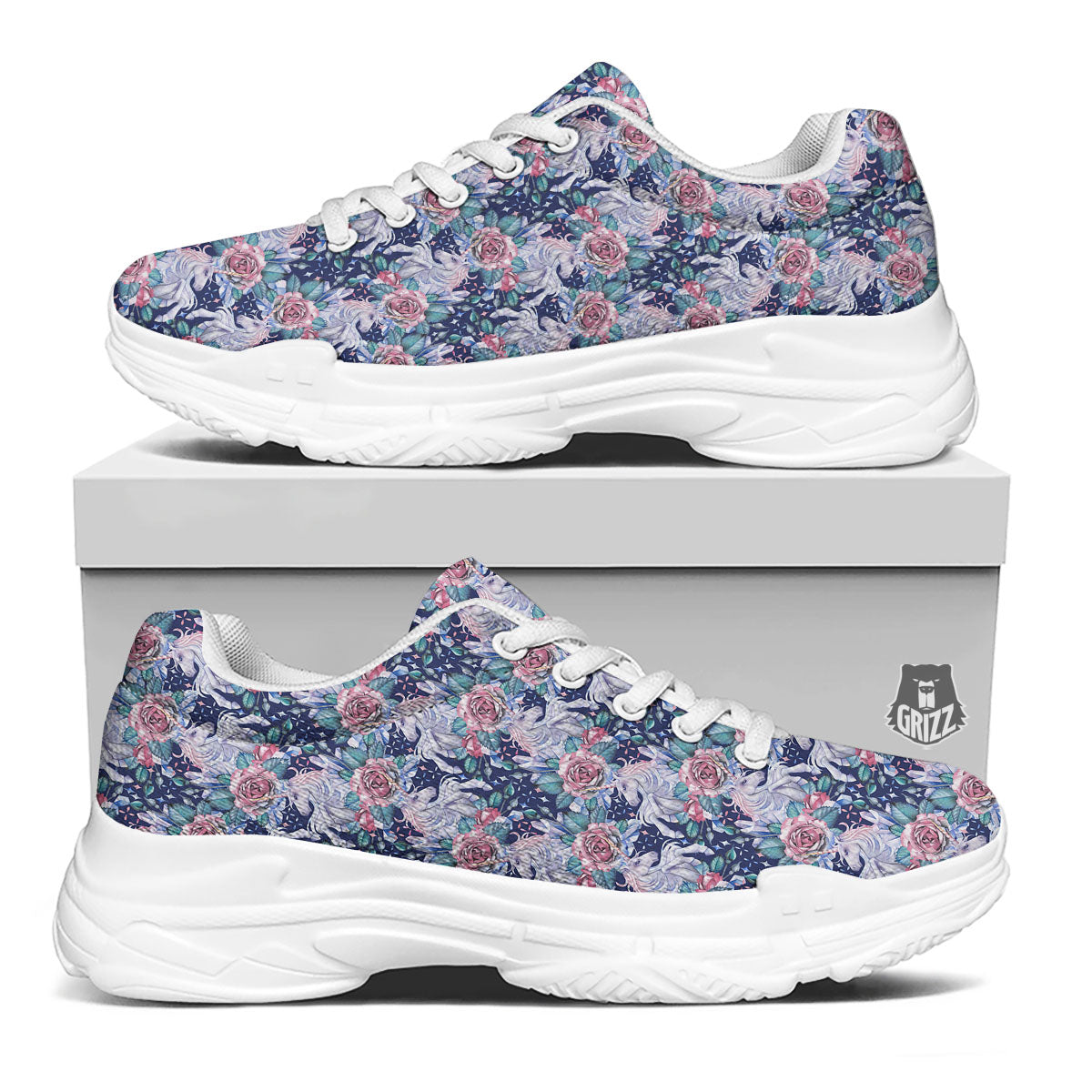 Rose Unicorn Blue Fairy Print Pattern White Chunky Shoes-grizzshop