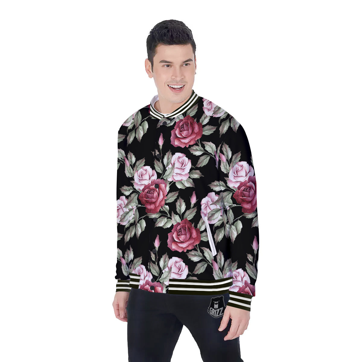 Rose Valentine's Day Print Pattern Baseball Jacket-grizzshop