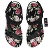 Rose Valentine's Day Print Pattern Black Open Toe Sandals-grizzshop