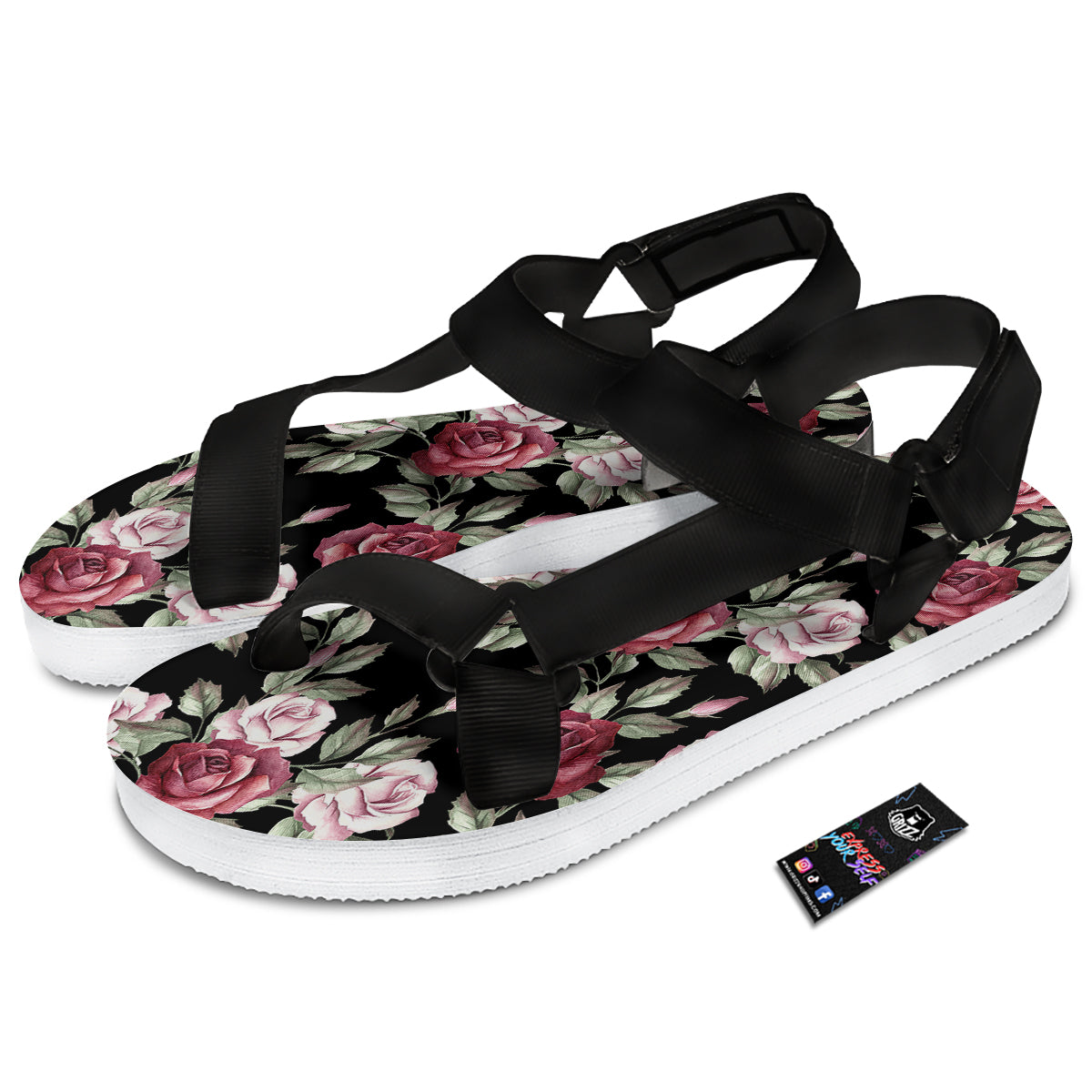 Rose Valentine's Day Print Pattern Black Open Toe Sandals-grizzshop