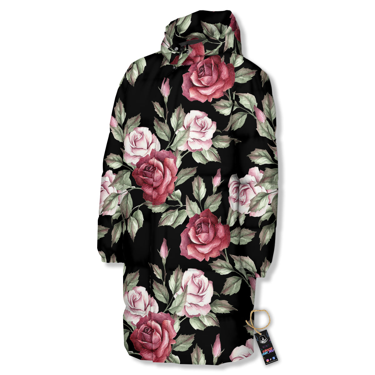 Rose Valentine's Day Print Pattern Long Down Jacket-grizzshop