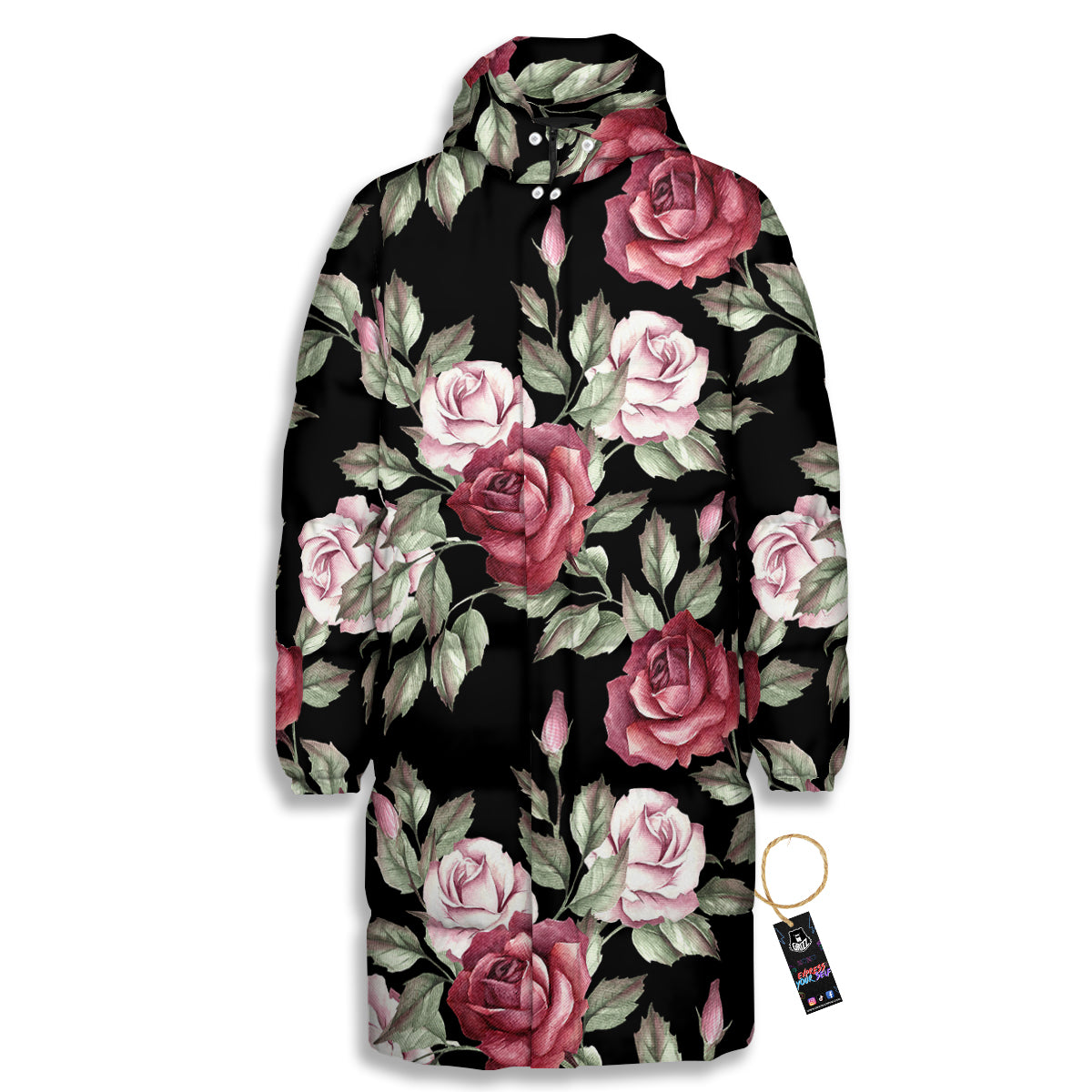 Rose Valentine's Day Print Pattern Long Down Jacket-grizzshop