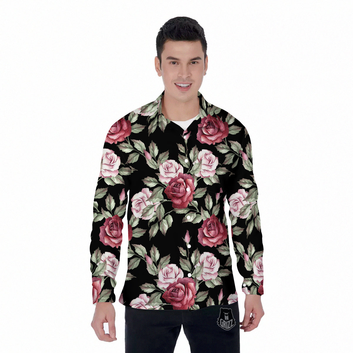 Rose Valentine's Day Print Pattern Men's Long Sleeve Shirts-grizzshop