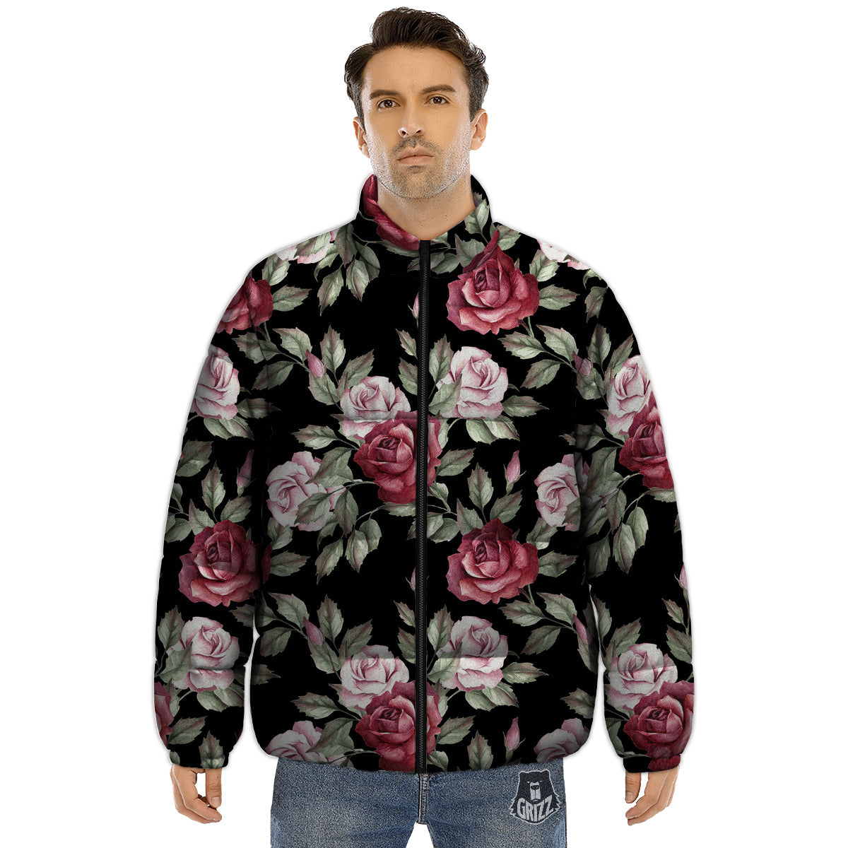 Rose Valentine's Day Print Pattern Puffer Jacket-grizzshop