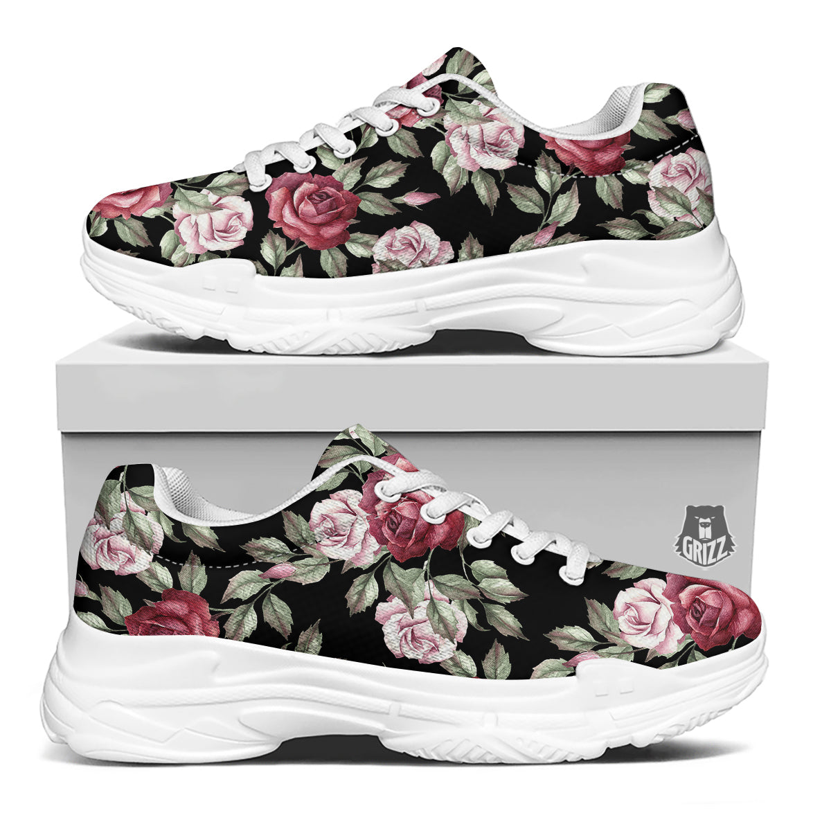 Rose Valentine's Day Print Pattern White Chunky Shoes-grizzshop