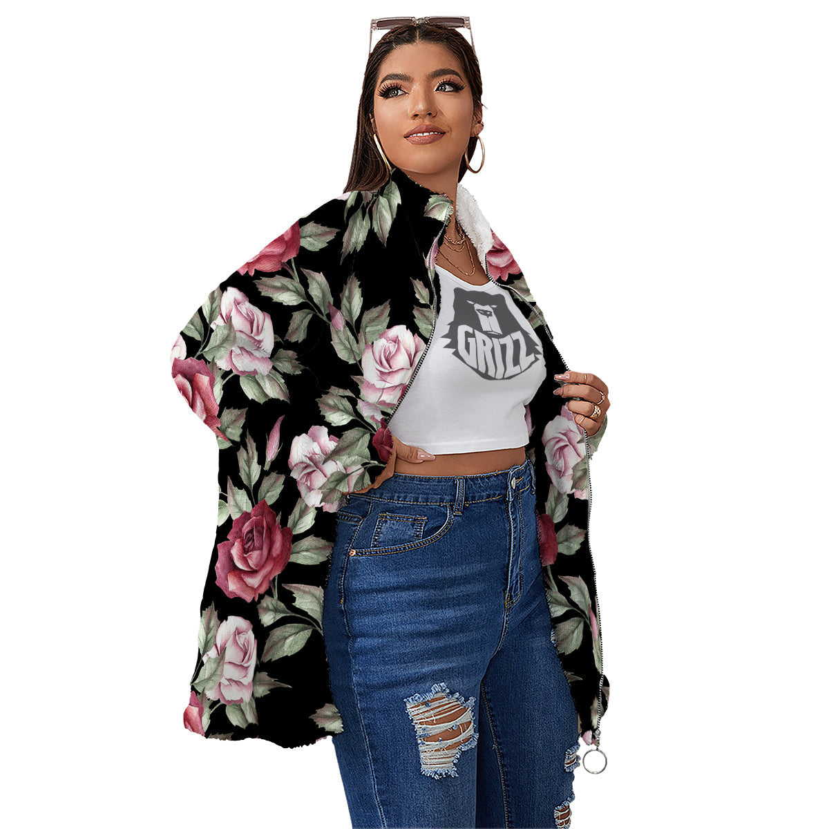 Rose Valentine's Day Print Pattern Women's Sherpa Jacket-grizzshop