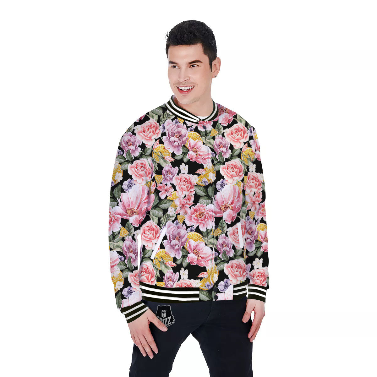 Rose Vintage Print Pattern Baseball Jacket-grizzshop