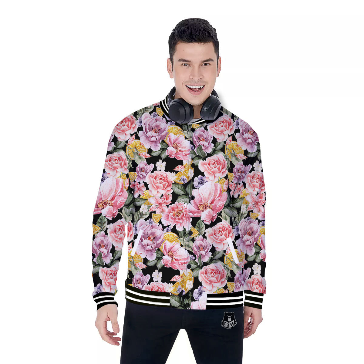 Rose Vintage Print Pattern Baseball Jacket-grizzshop