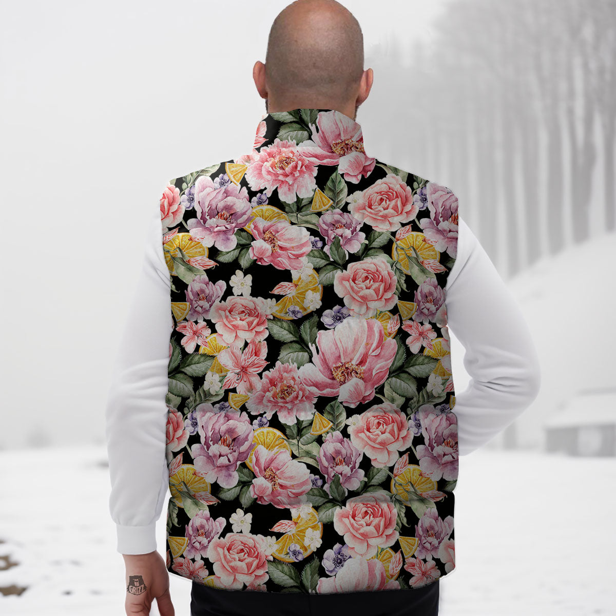 Rose Vintage Print Pattern Down Vest-grizzshop