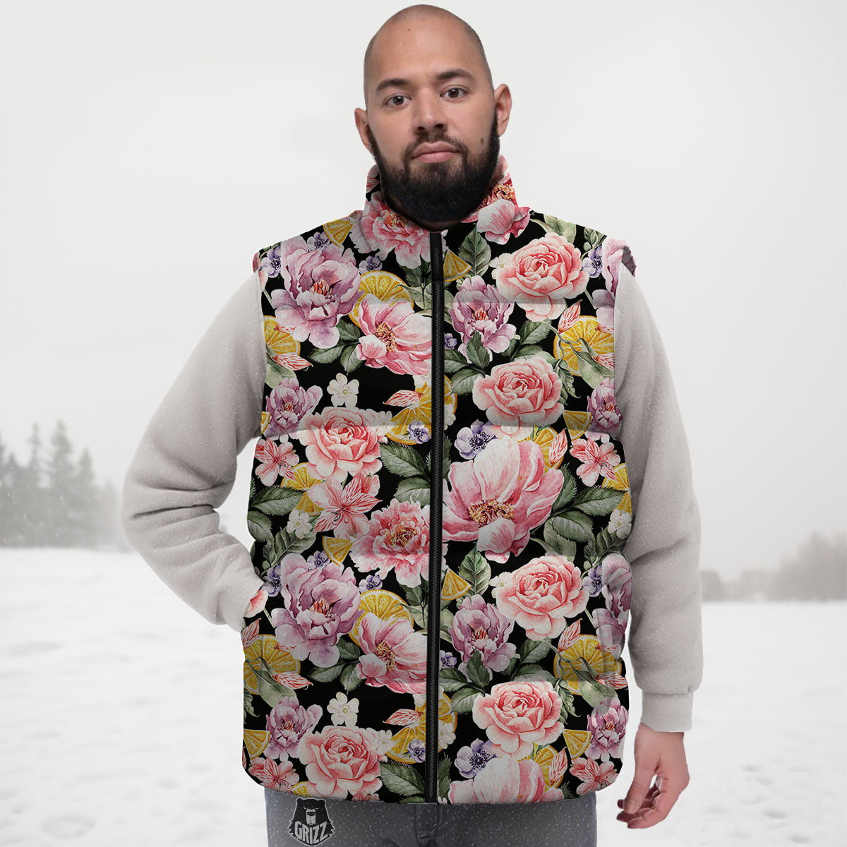 Rose Vintage Print Pattern Down Vest-grizzshop