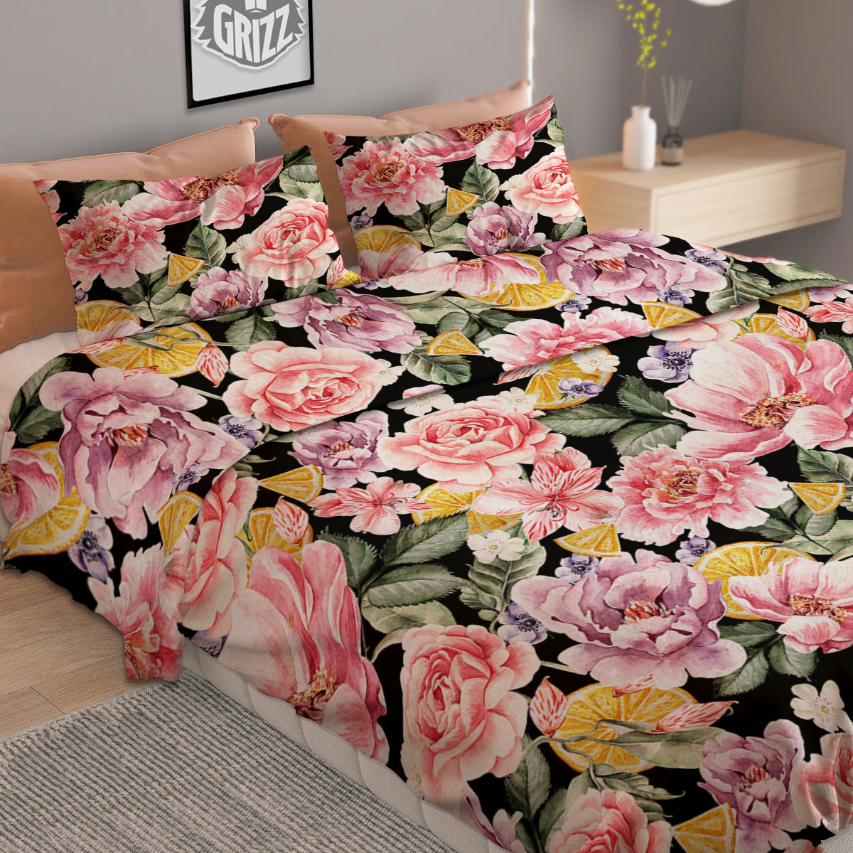 Rose Vintage Print Pattern Duvet Cover Bedding Set