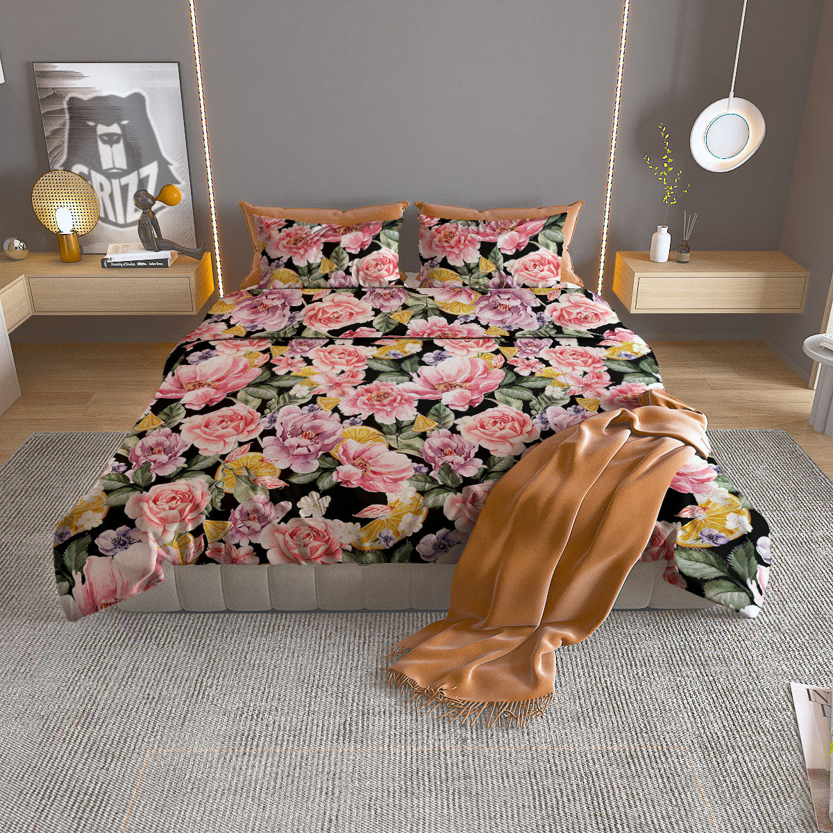 Rose Vintage Print Pattern Duvet Cover Bedding Set