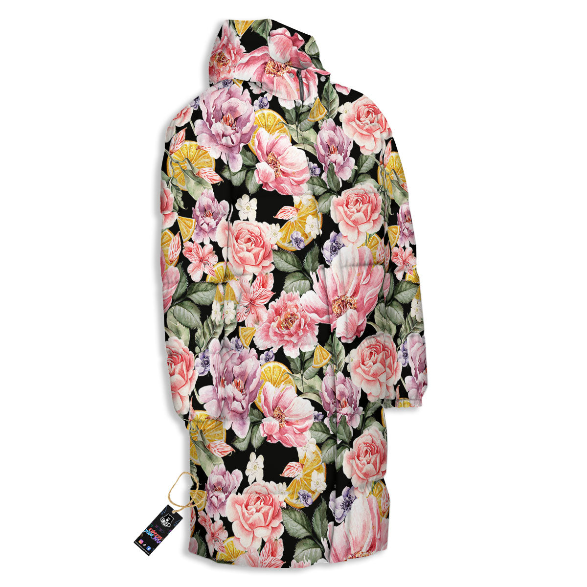 Rose Vintage Print Pattern Long Down Jacket-grizzshop