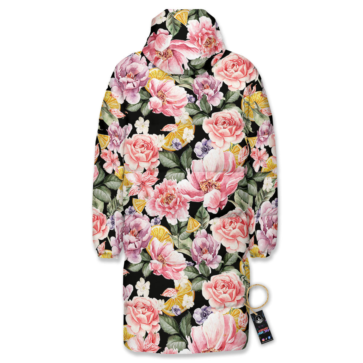 Rose Vintage Print Pattern Long Down Jacket-grizzshop
