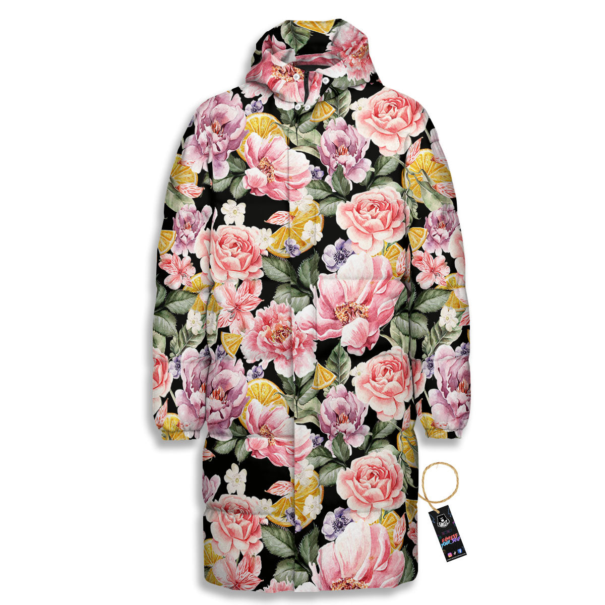 Rose Vintage Print Pattern Long Down Jacket-grizzshop