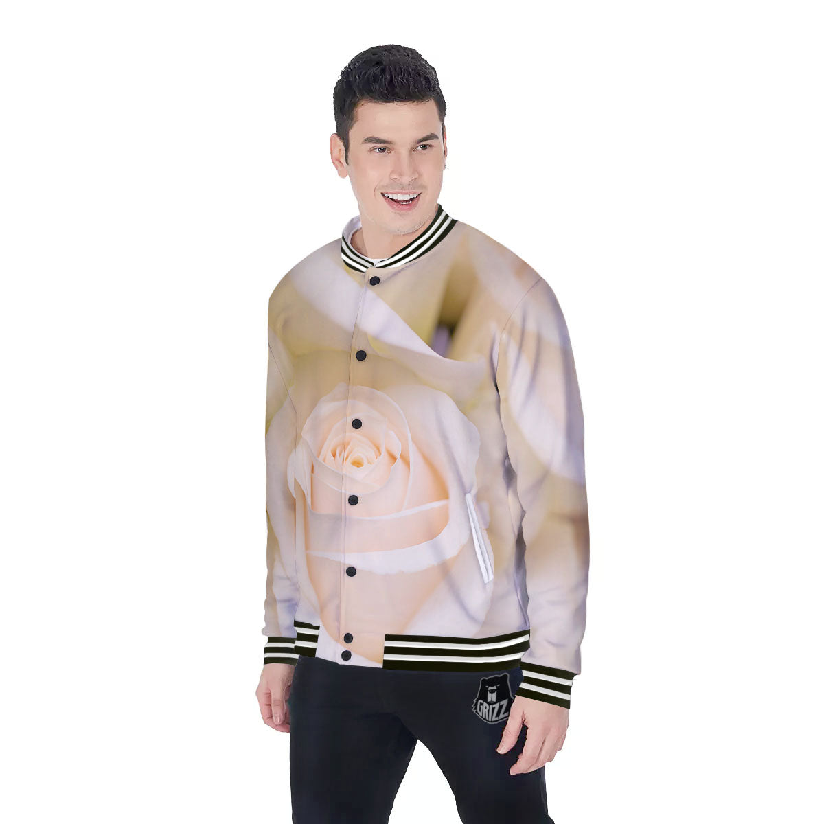 Rose White Print Baseball Jacket-grizzshop