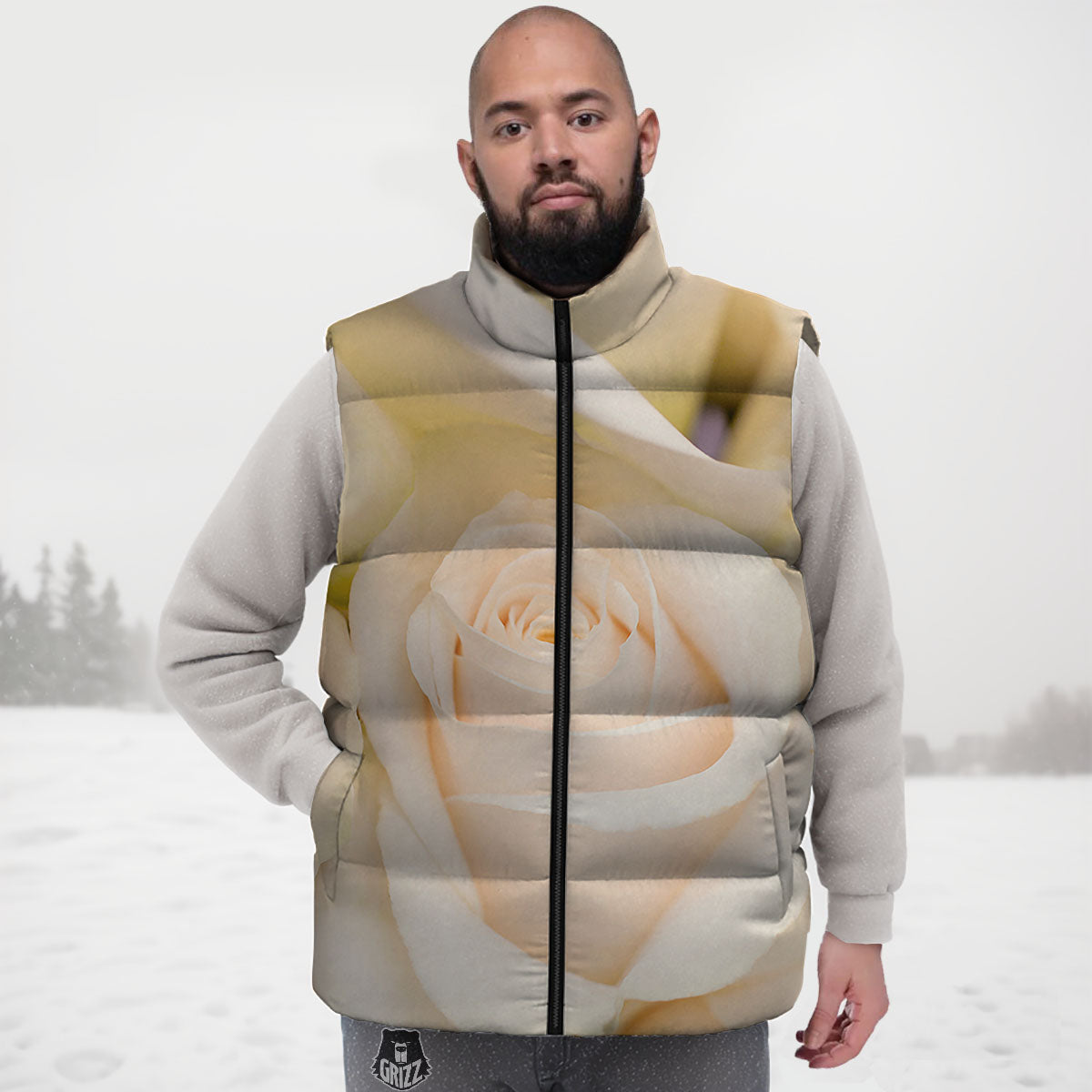 Rose White Print Down Vest-grizzshop