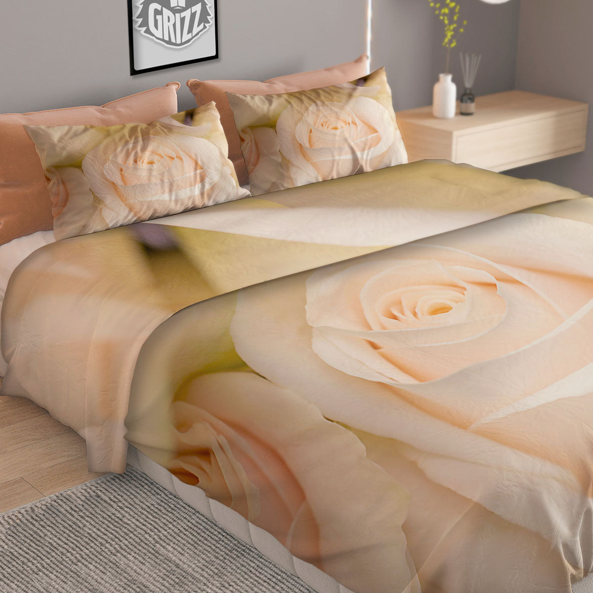 Rose White Print Duvet Cover Bedding Set