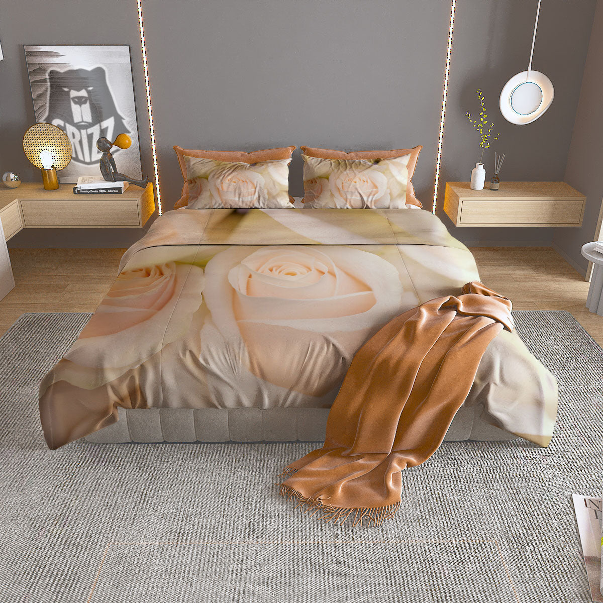 Rose White Print Duvet Cover Bedding Set