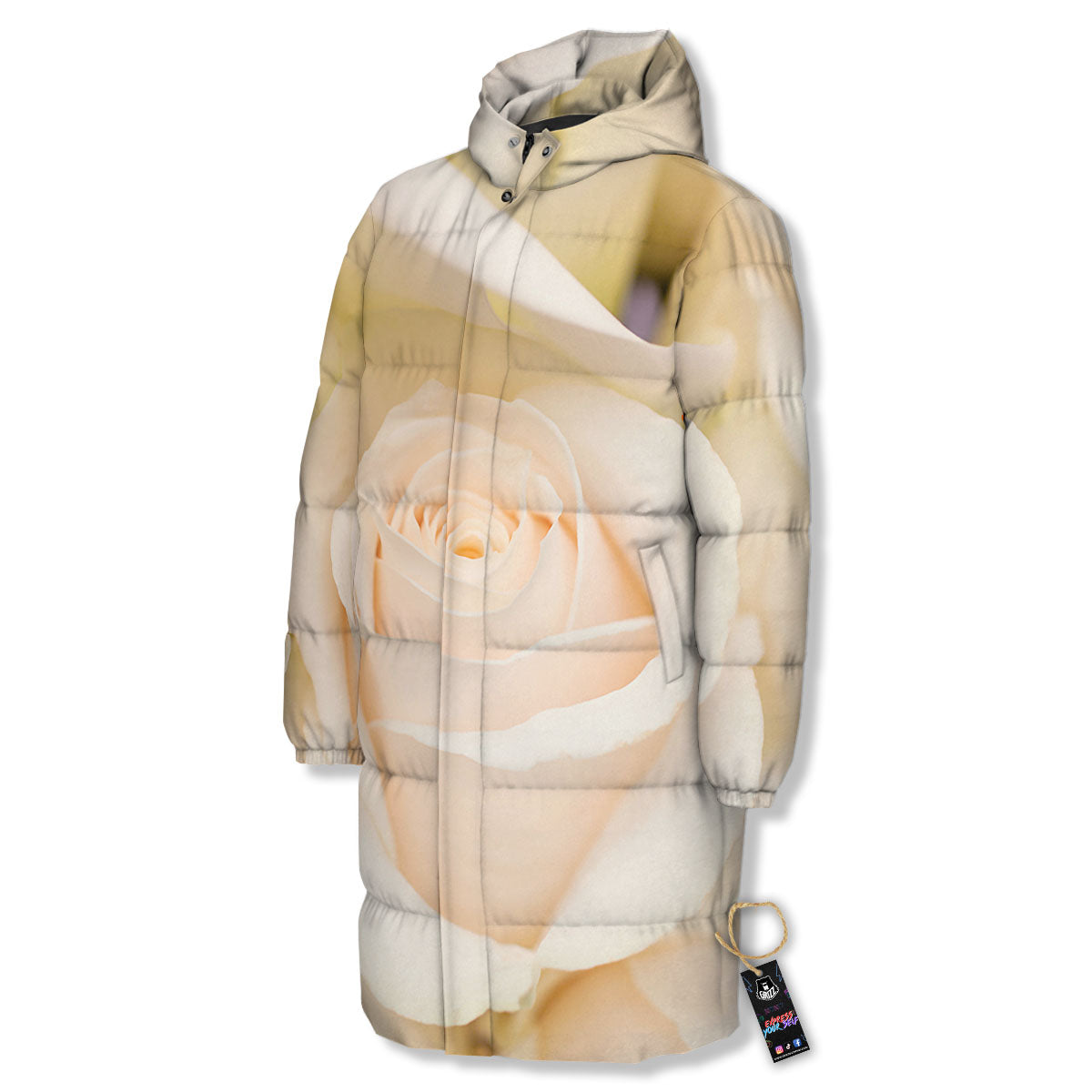 Rose White Print Long Down Jacket-grizzshop
