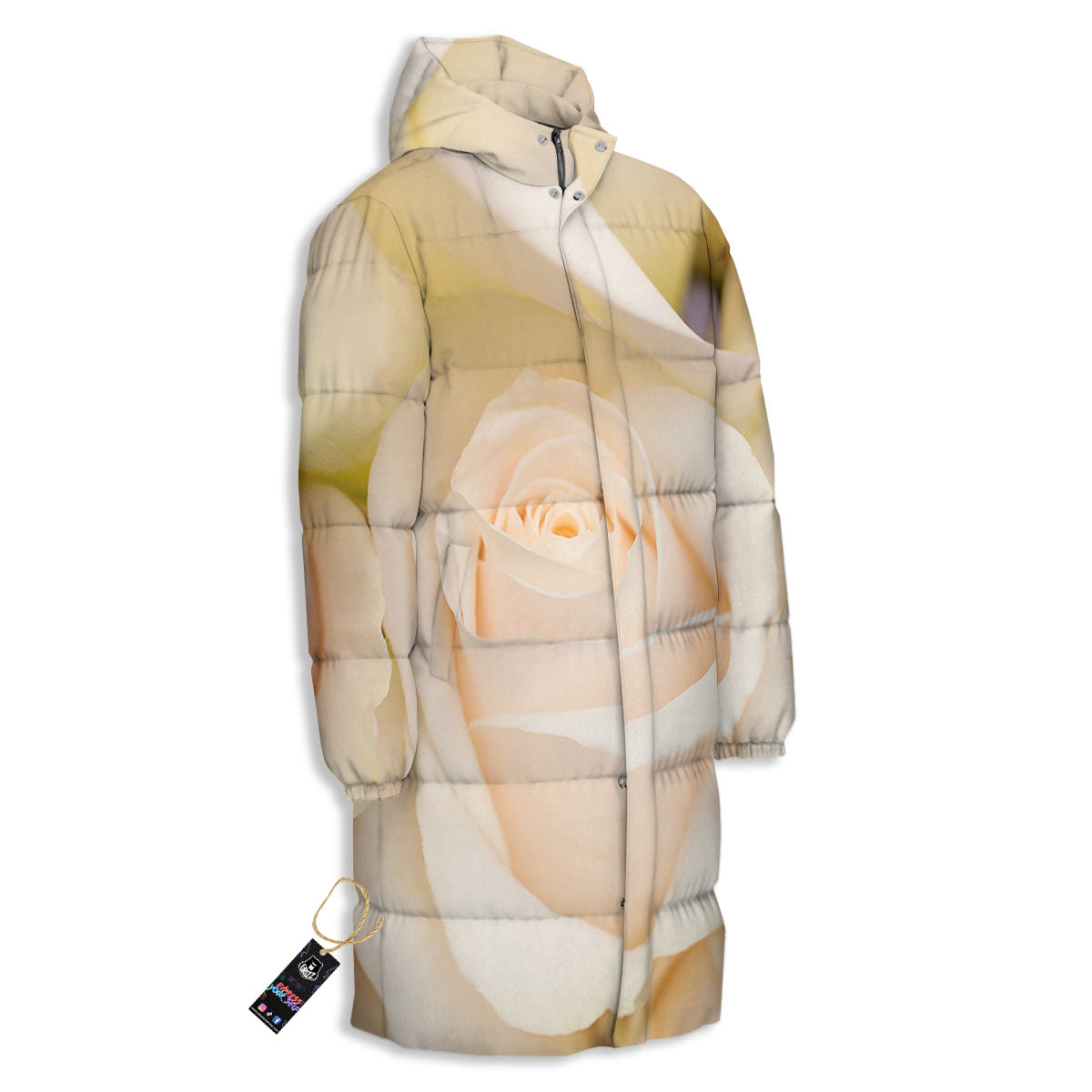 Rose White Print Long Down Jacket-grizzshop
