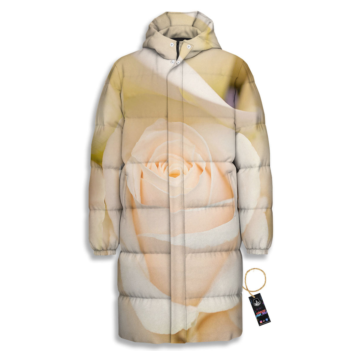 Rose White Print Long Down Jacket-grizzshop