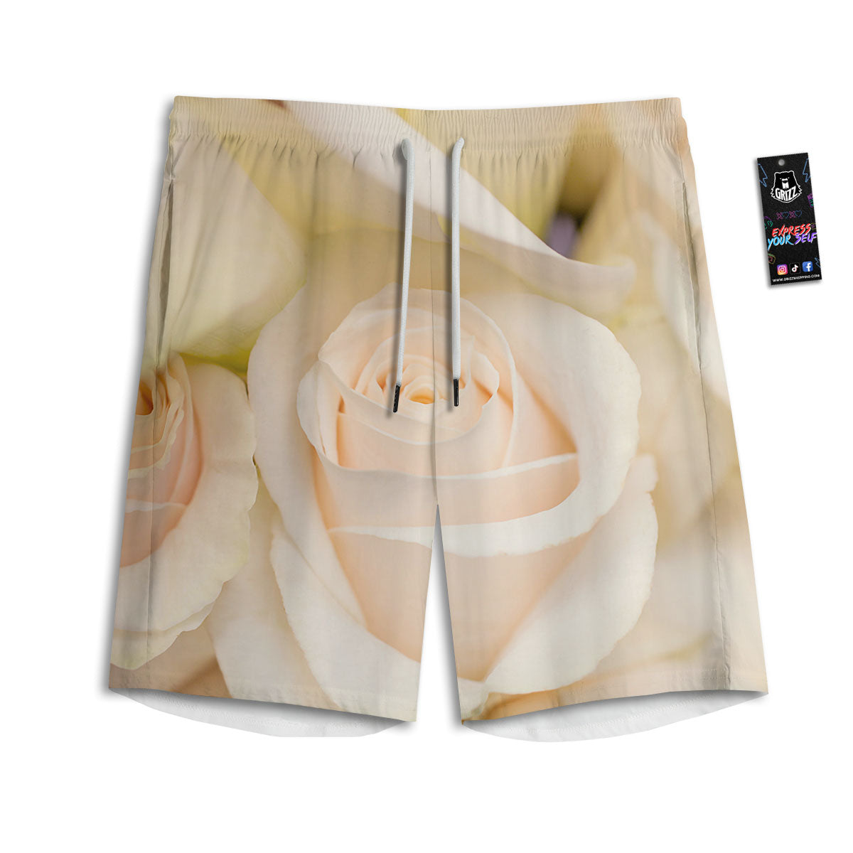 Rose White Print Men's Athletic Shorts