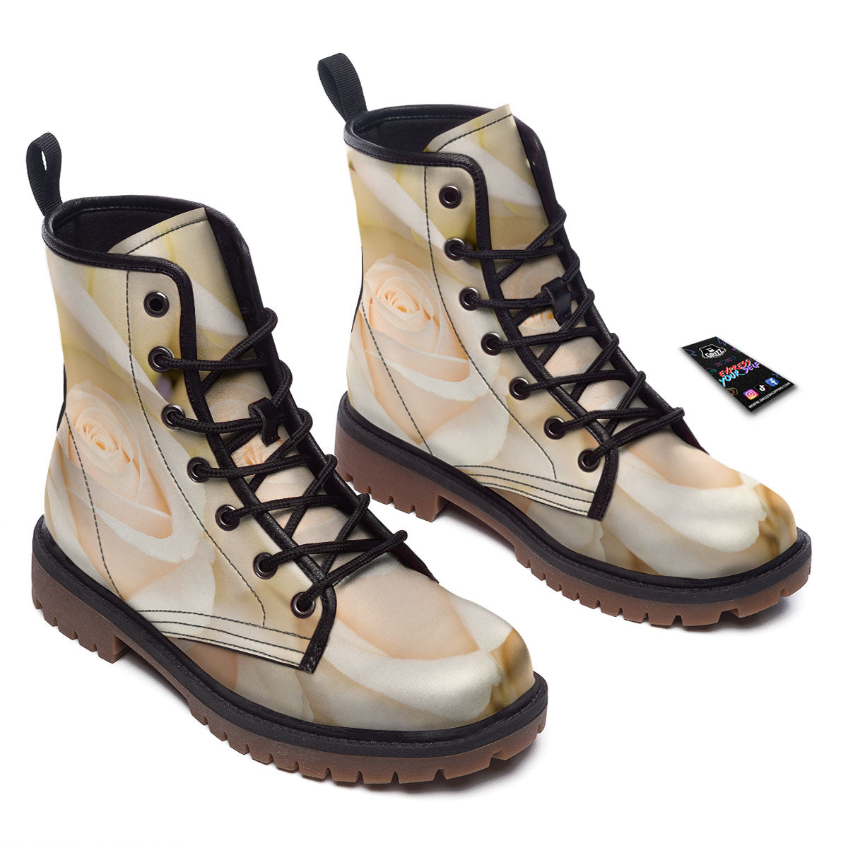 Rose White Print Work Boots-grizzshop