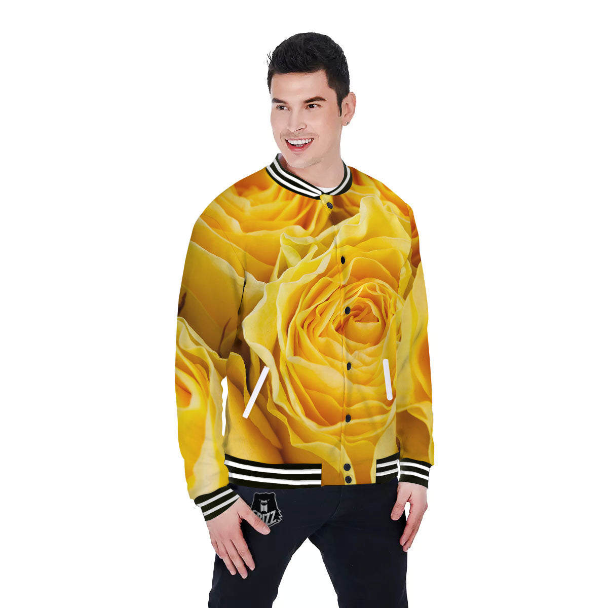 Rose Yellow Print Baseball Jacket-grizzshop