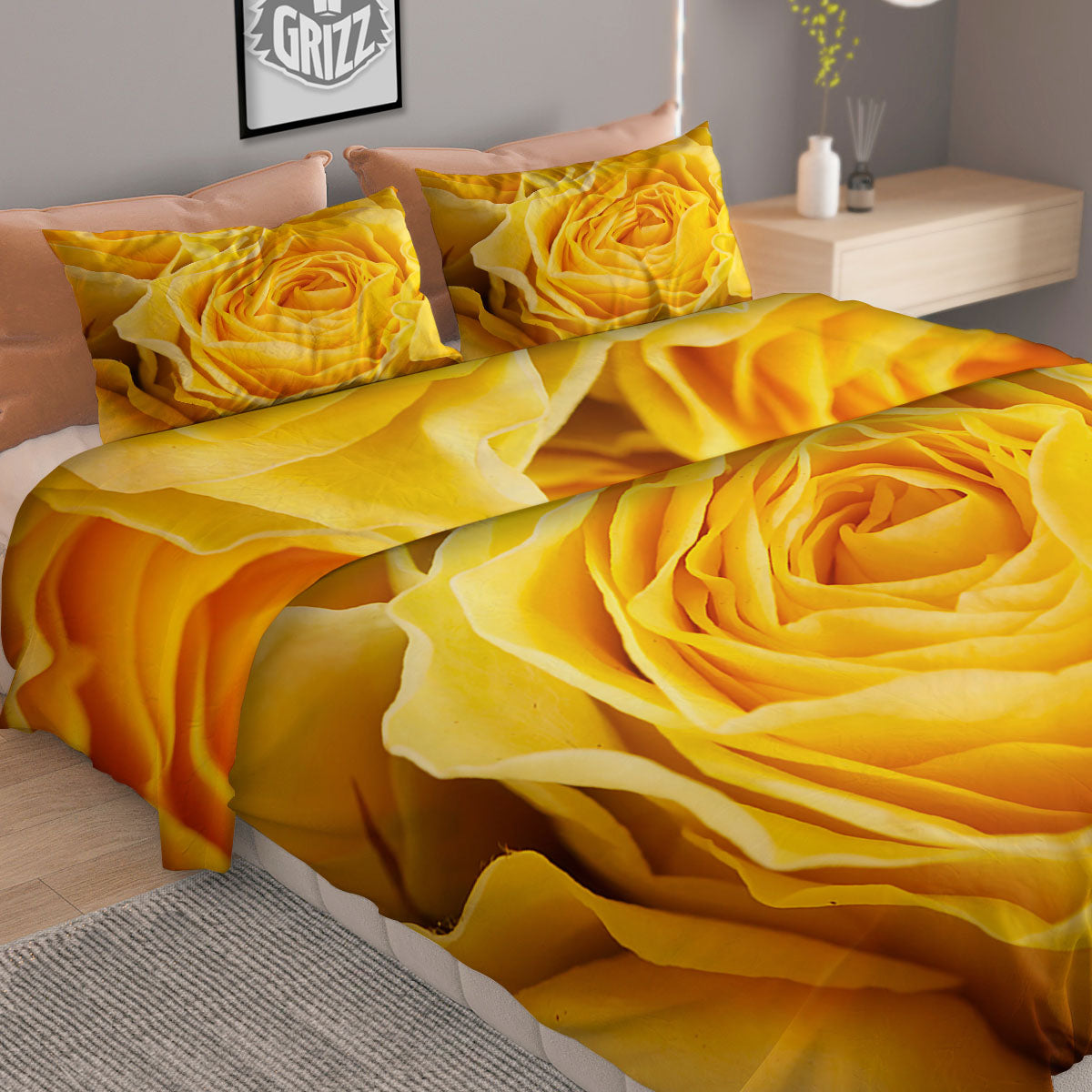 Rose Yellow Print Duvet Cover Bedding Set
