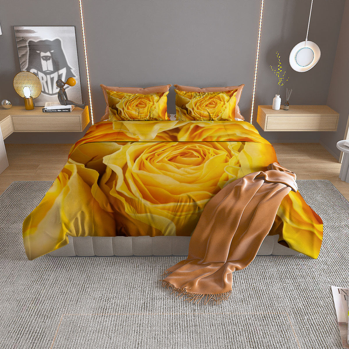 Rose Yellow Print Duvet Cover Bedding Set