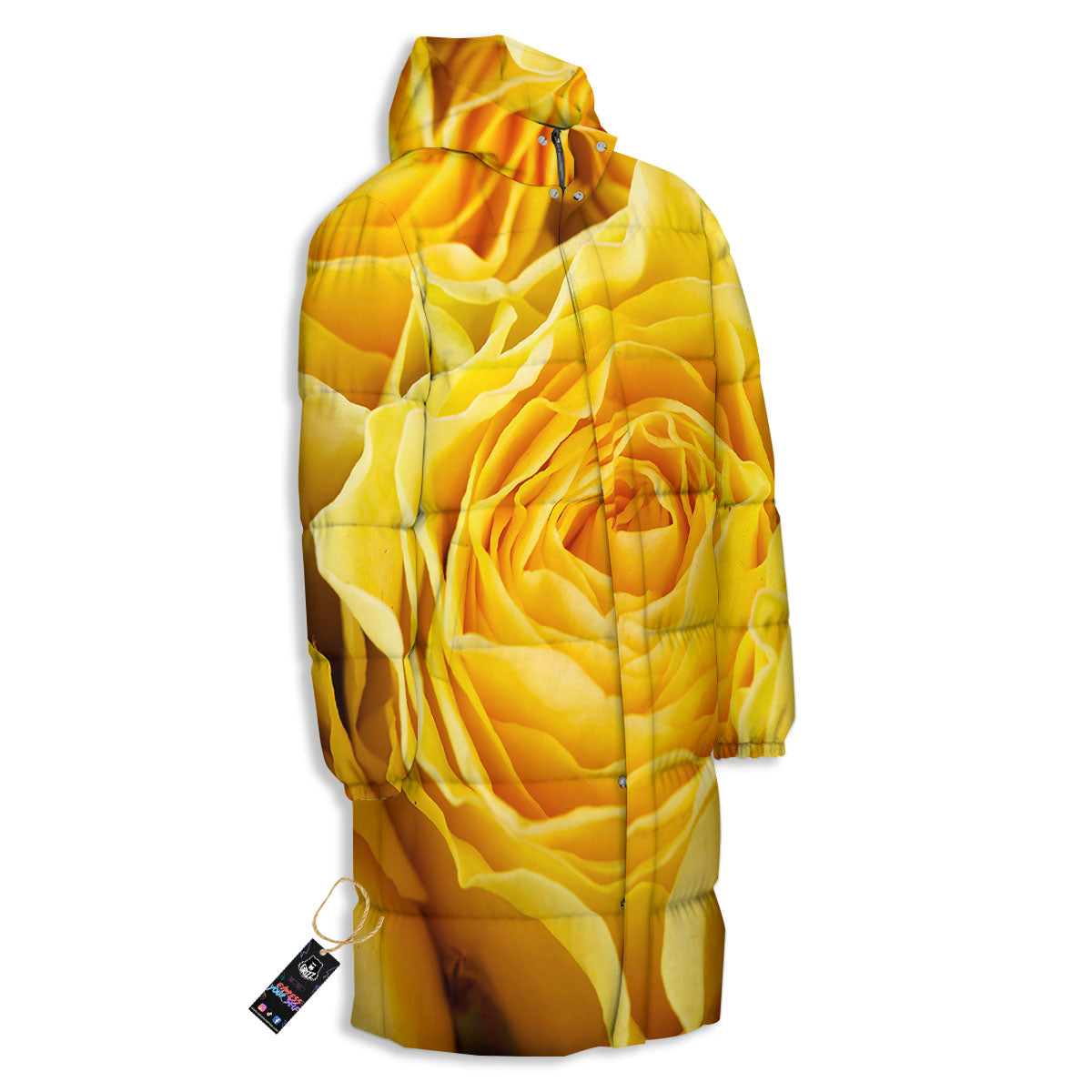Rose Yellow Print Long Down Jacket-grizzshop