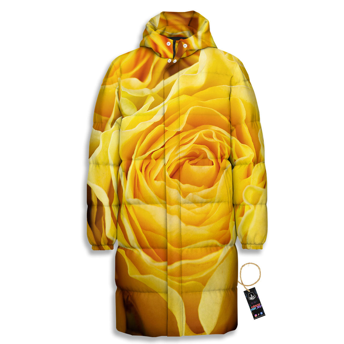 Rose Yellow Print Long Down Jacket-grizzshop
