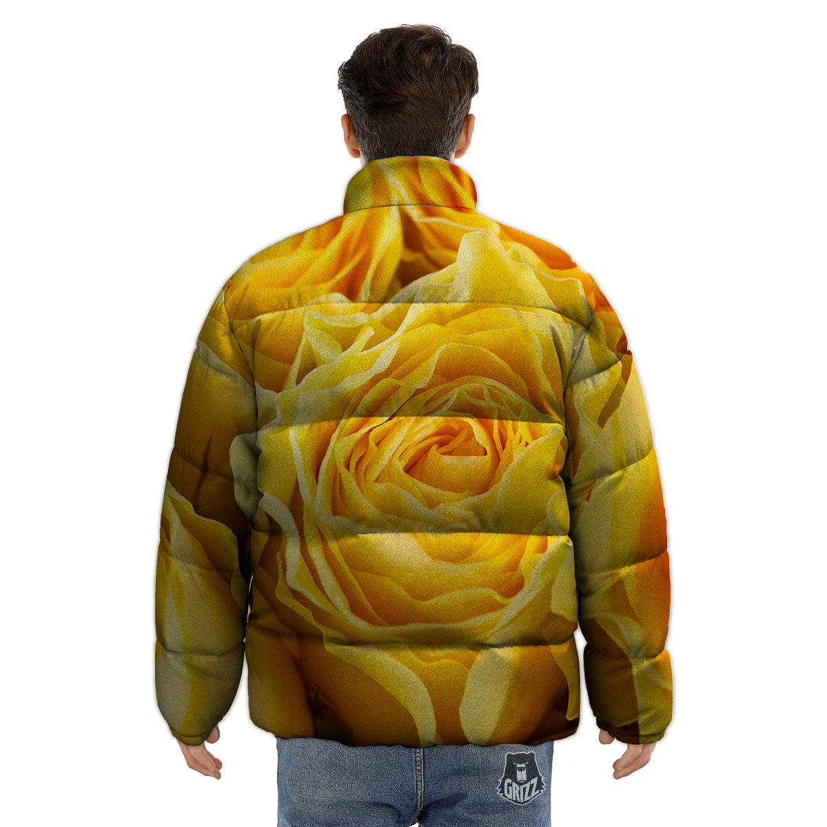 Rose Yellow Print Puffer Jacket-grizzshop