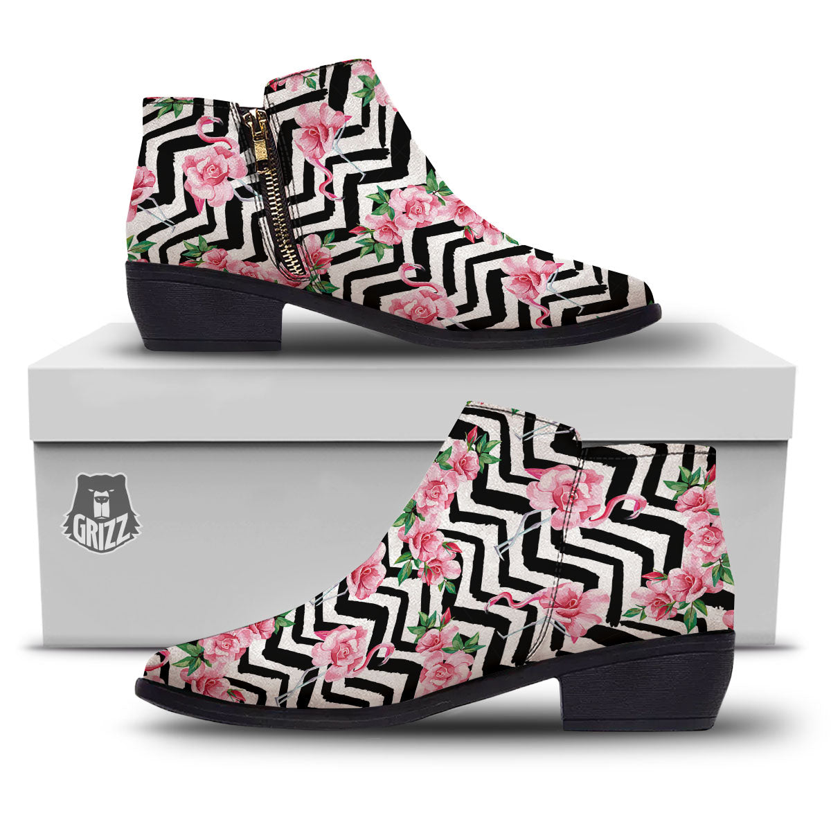 Rose Zigzag Pink Print Pattern Ankle Boots-grizzshop
