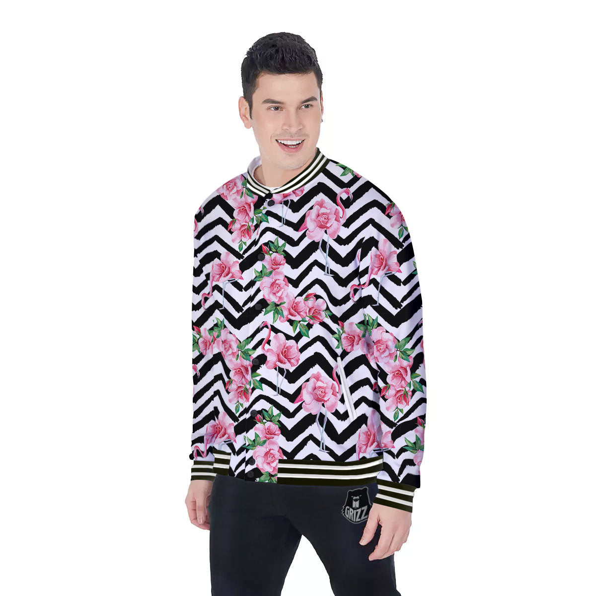 Rose Zigzag Pink Print Pattern Baseball Jacket-grizzshop