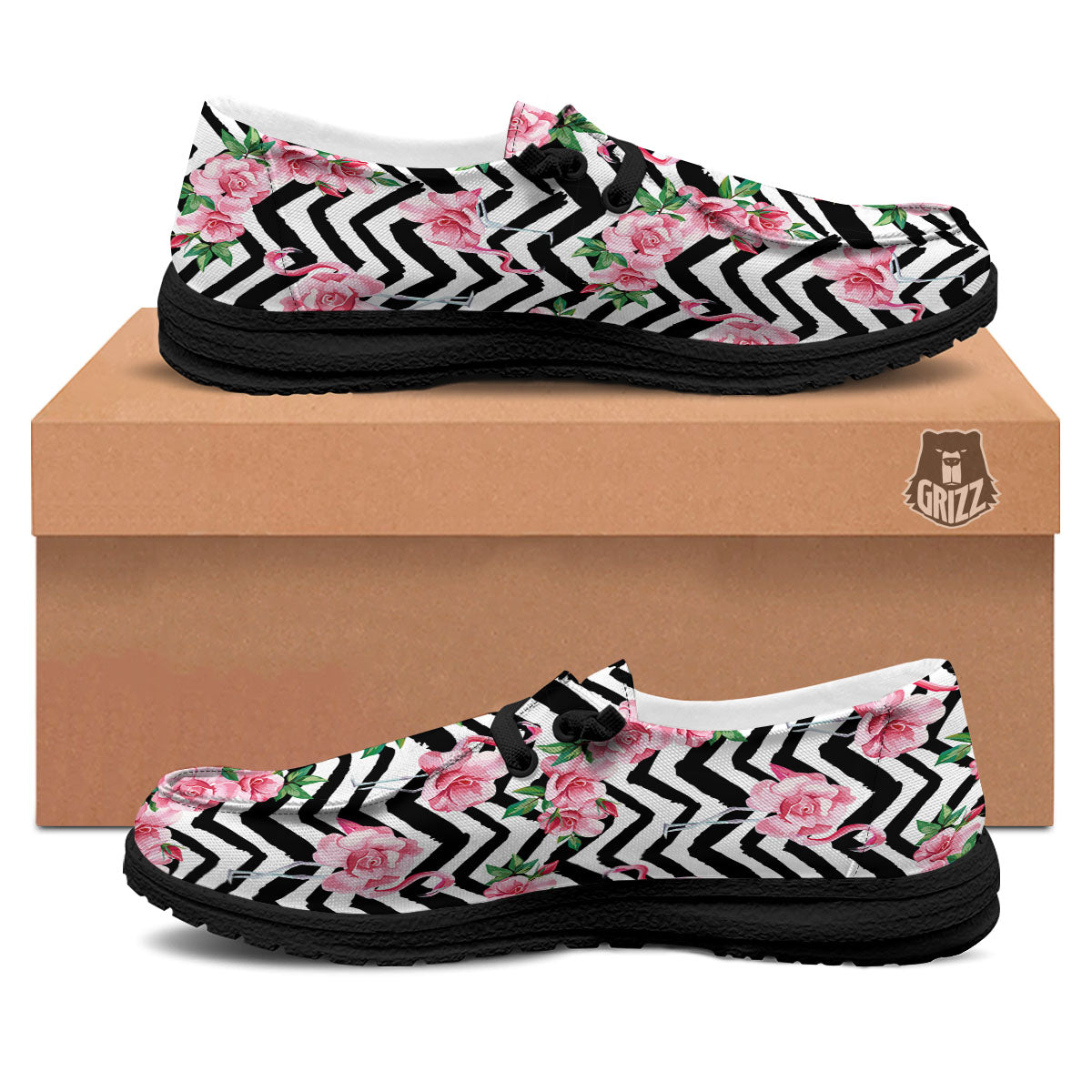 Rose Zigzag Pink Print Pattern Black Loafers-grizzshop