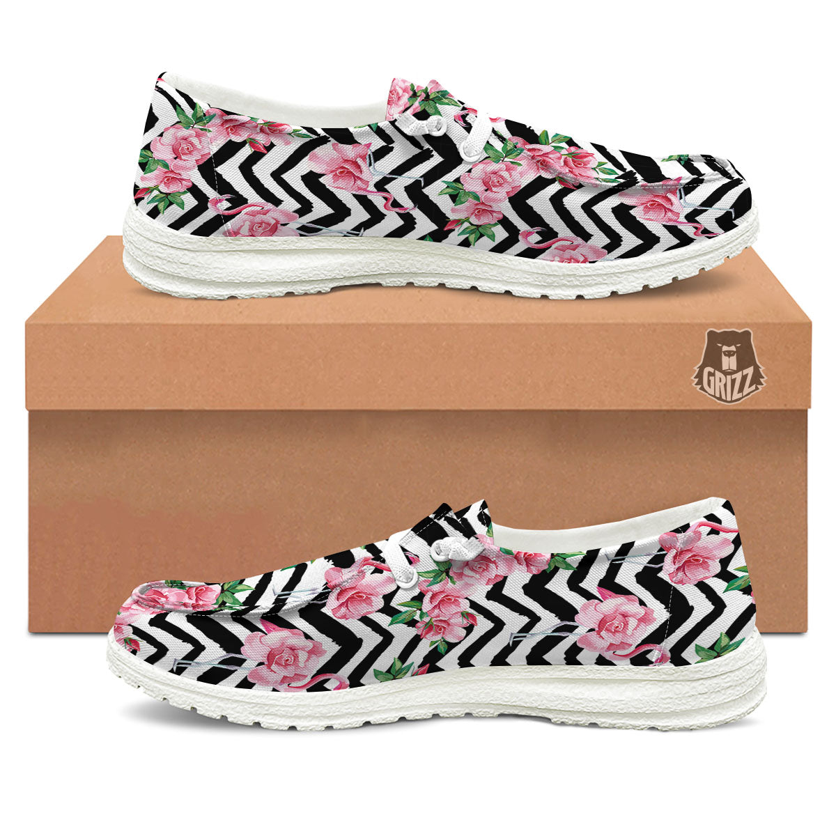 Rose Zigzag Pink Print Pattern Black Loafers-grizzshop