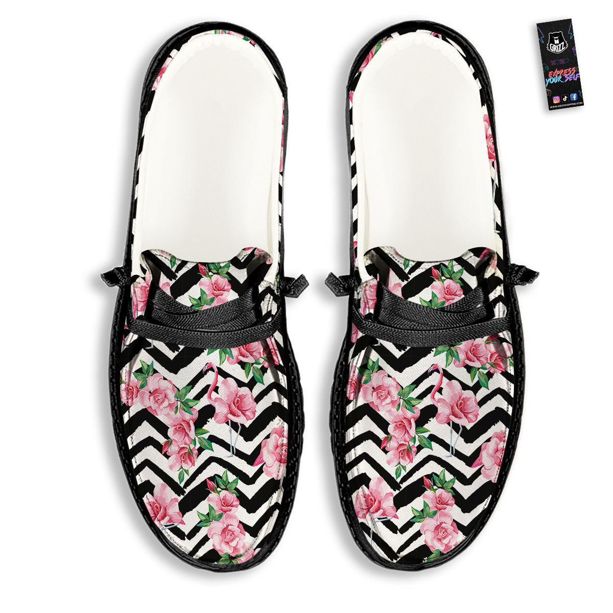 Rose Zigzag Pink Print Pattern Black Loafers-grizzshop