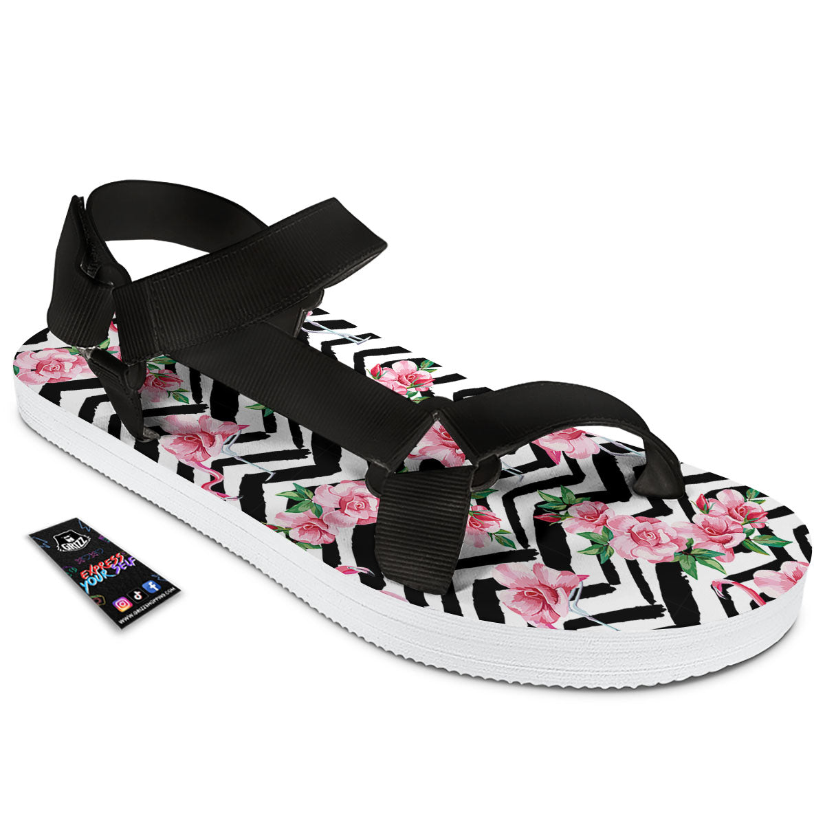 Rose Zigzag Pink Print Pattern Black Open Toe Sandals-grizzshop