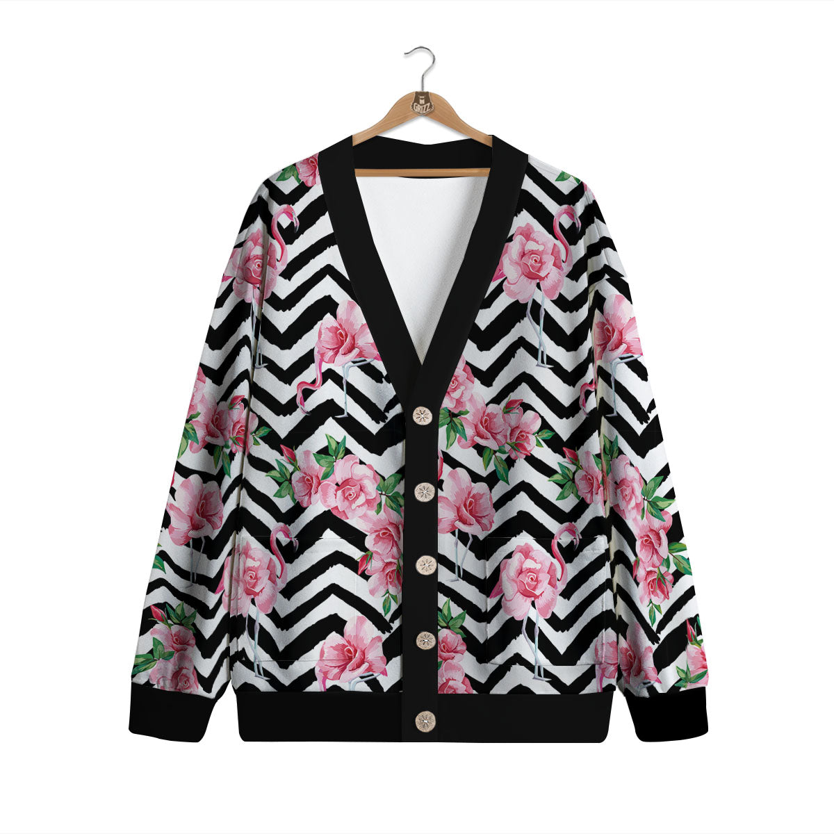 Rose Zigzag Pink Print Pattern Cardigan-grizzshop