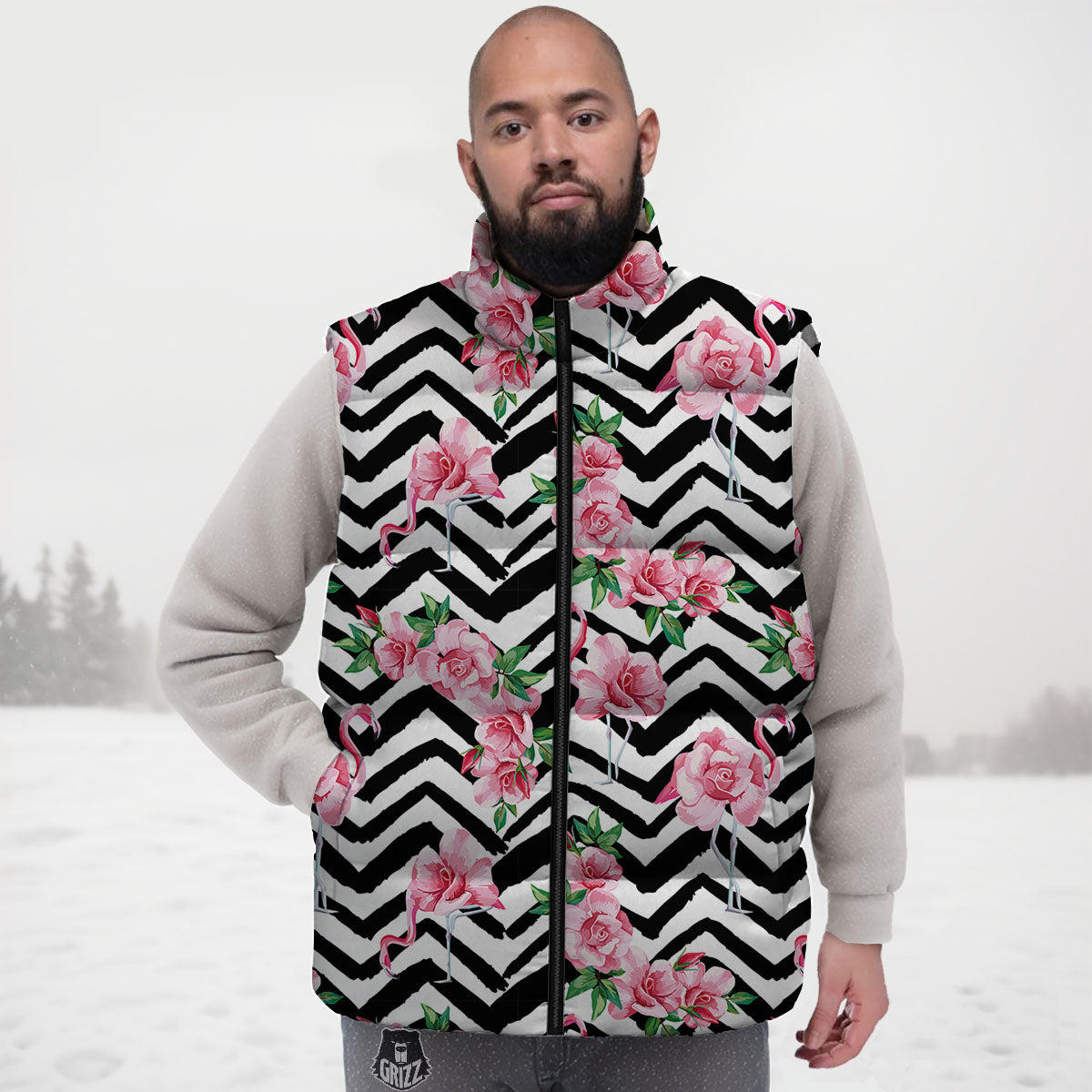 Rose Zigzag Pink Print Pattern Down Vest-grizzshop
