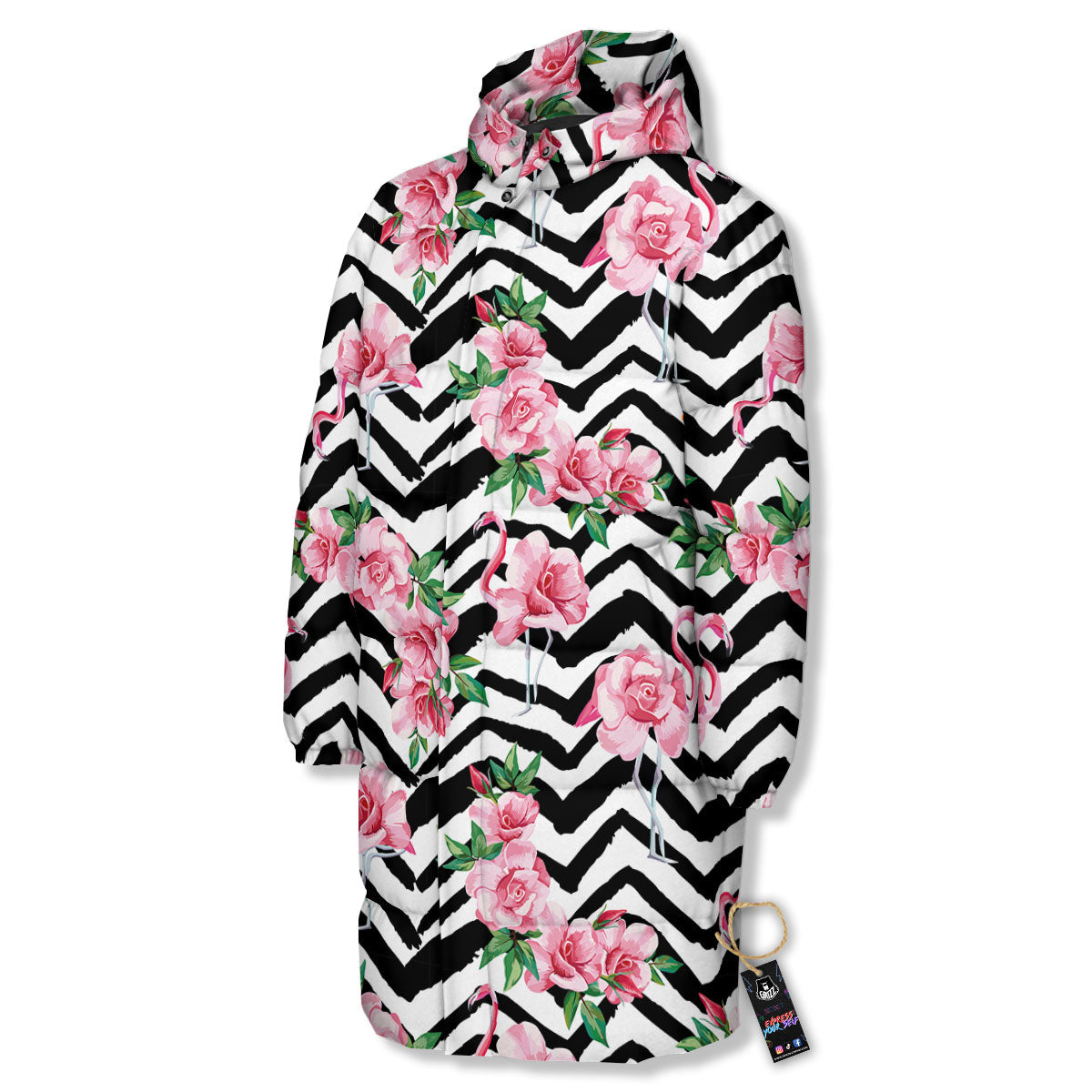 Rose Zigzag Pink Print Pattern Long Down Jacket-grizzshop