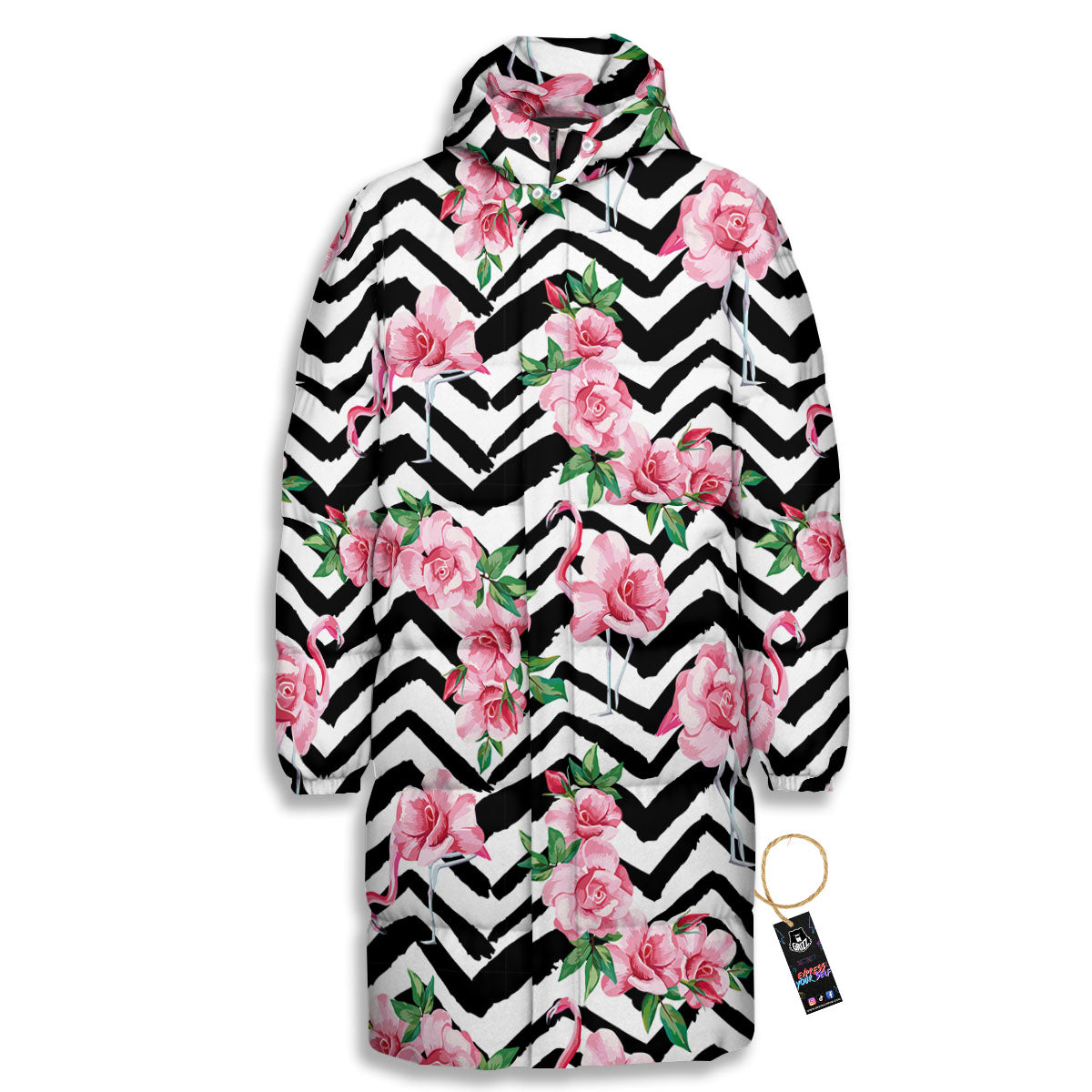 Rose Zigzag Pink Print Pattern Long Down Jacket-grizzshop